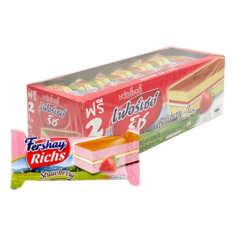 FERSHAY Rich Layer Strawberry snack pack with 15g x 24 pieces, showing individually wrapped strawberry-flavored layered treats.