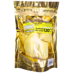 Khun Maeju Crispy Durian Chips, Thai confectionery snacks with golden, crispy durian slices on a white plate.