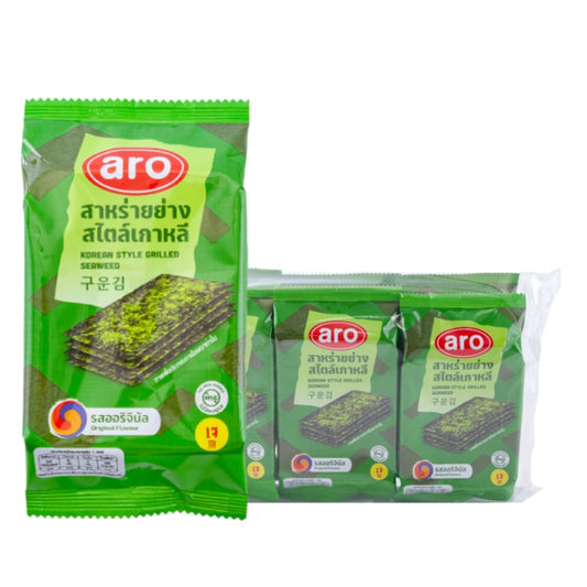 ARO Seaweed Original 5Gx6 box of seaweed snacks with green seaweed sheets in clear packaging, perfect for healthy snacking.