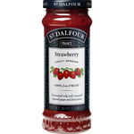 Jar of St. Dalfour Strawberry jam, showcasing fresh strawberries and fruit spread texture in a glass jar.