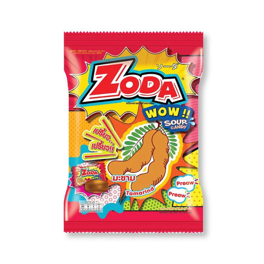 ZODA WOW Tamarind Sour Candy 87.5g featuring tangy tamarind flavor and vibrant packaging in a close-up shot.