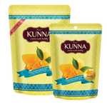 Kunna Premium Golden Soft-Dried Mango snack with vibrant orange color and chewy texture, showcasing natural dried fruit slices.