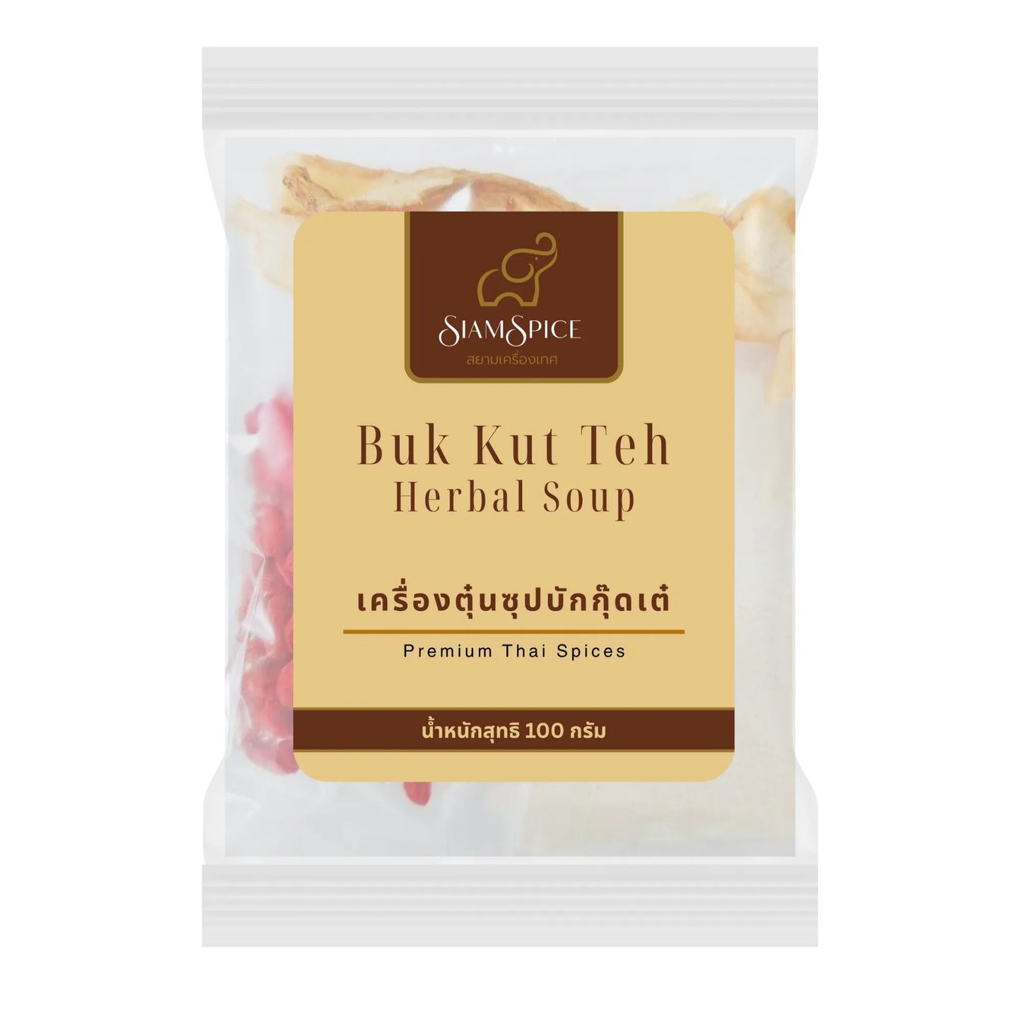 SiamSpice Buk Kut Teh Herbal Soup 100g package with herbal ingredients and traditional soup flavor visible in the image.