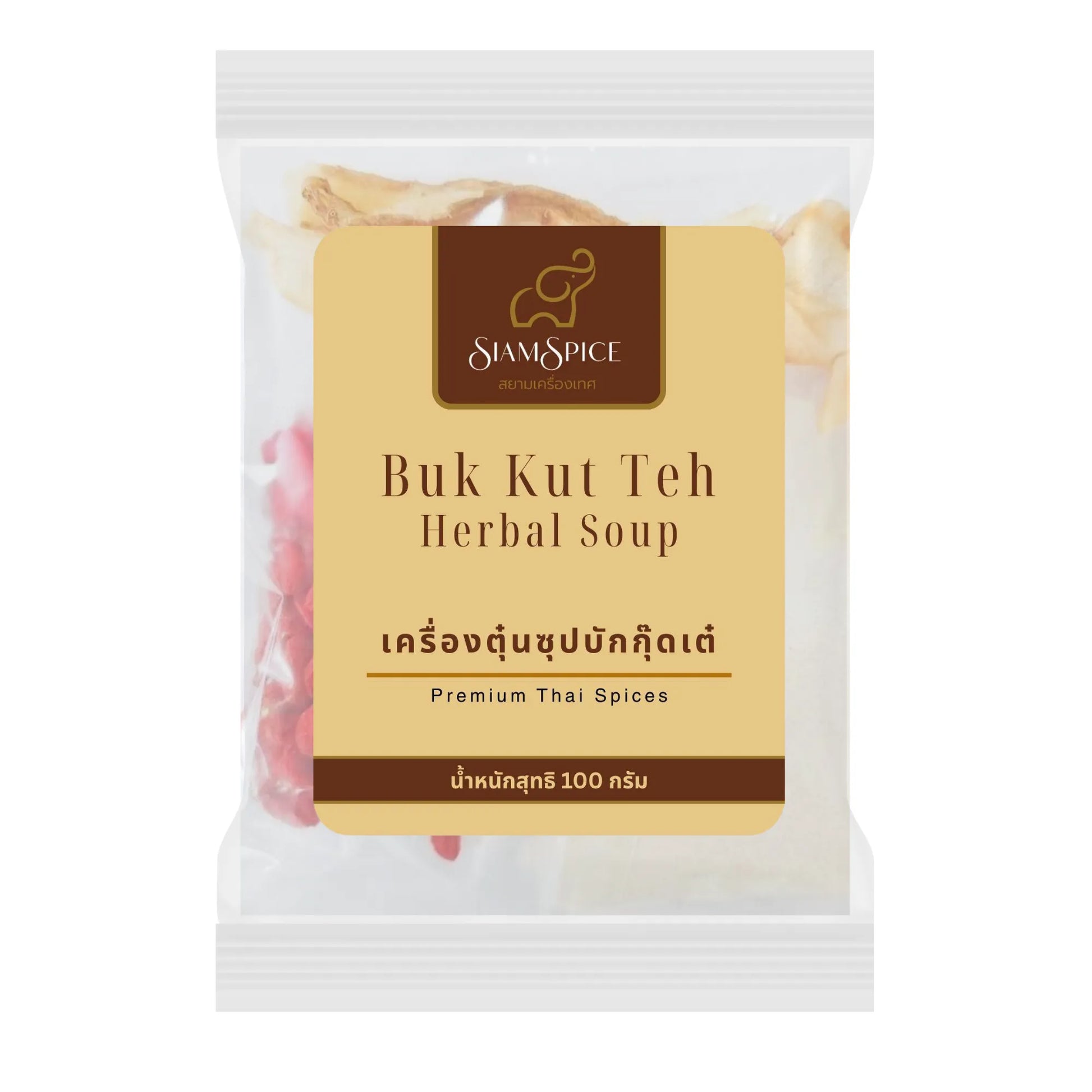 SiamSpice Buk Kut Teh Herbal Soup 100g package with herbal ingredients and traditional soup flavor visible in the image.