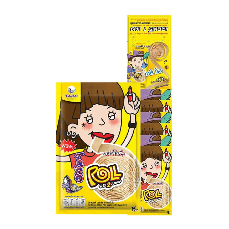 TARO Spicy Roll Fish Snacks hanging pack, 13g per piece, 6 packs, featuring crispy, spicy fish snack strips in a colorful packaging