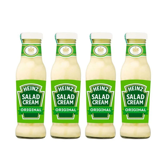 Four bottles of HEINZ Salad Cream with rapeseed oil and vinegar, 285ml each, arranged on a white background.