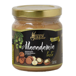 Happy Mate crunchy macadamia paste in a jar, showcasing a smooth, nutty spread with visible macadamia pieces, ideal for spreading or baking.