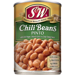 S&W Chilli Beans Pinto in a can, ready for cooking or adding to dishes, with label showing product name and brand.