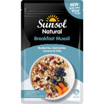 Sunsol Ancient Grains & Superfruits Muesli in a bowl, showing a mix of grains, dried fruits, and superfoods for a healthy breakfast.