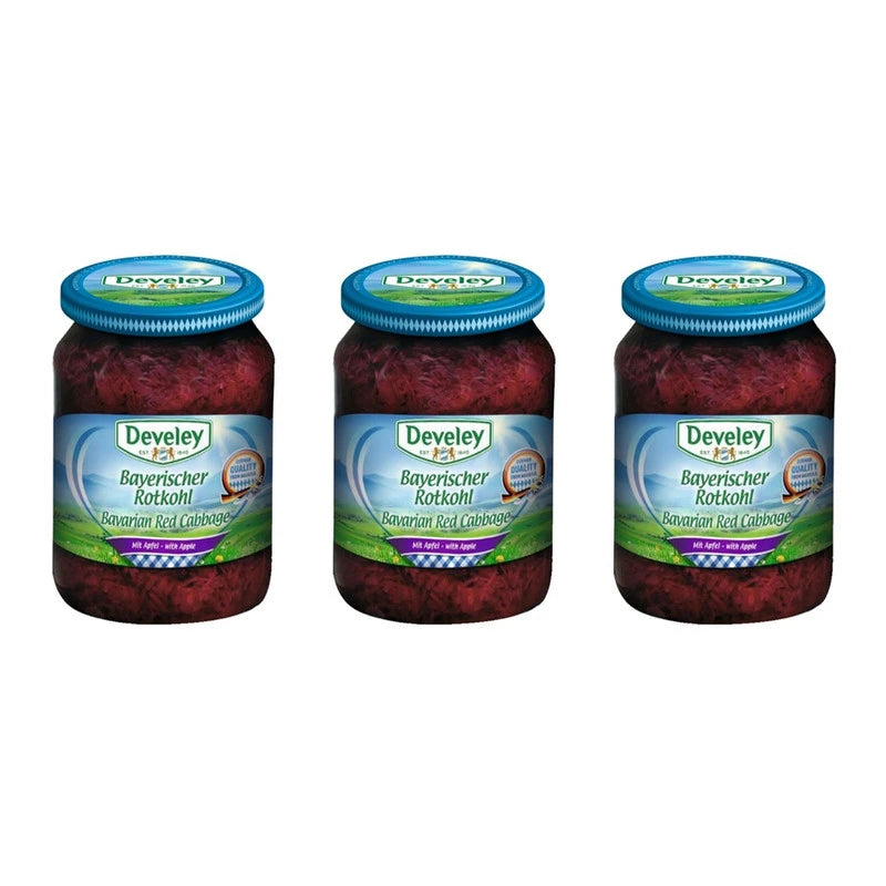 Pack of three DEVELEY red pickled cabbage jars, 680g each, with vibrant red cabbage slices in glass jars.