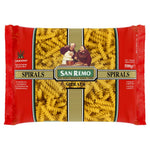 San Remo Spirals Macaroni pasta in a clear bowl, showcasing the twisted shape and golden color of the Italian grocery product.