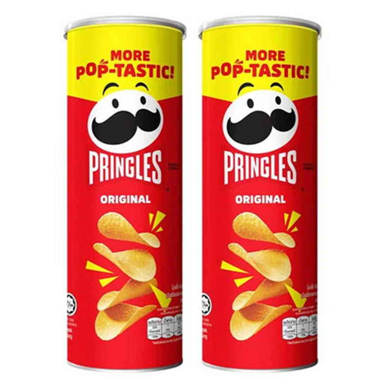 Pringles Original potato chips in a 102g package, shown in a stack with the iconic cylindrical container.