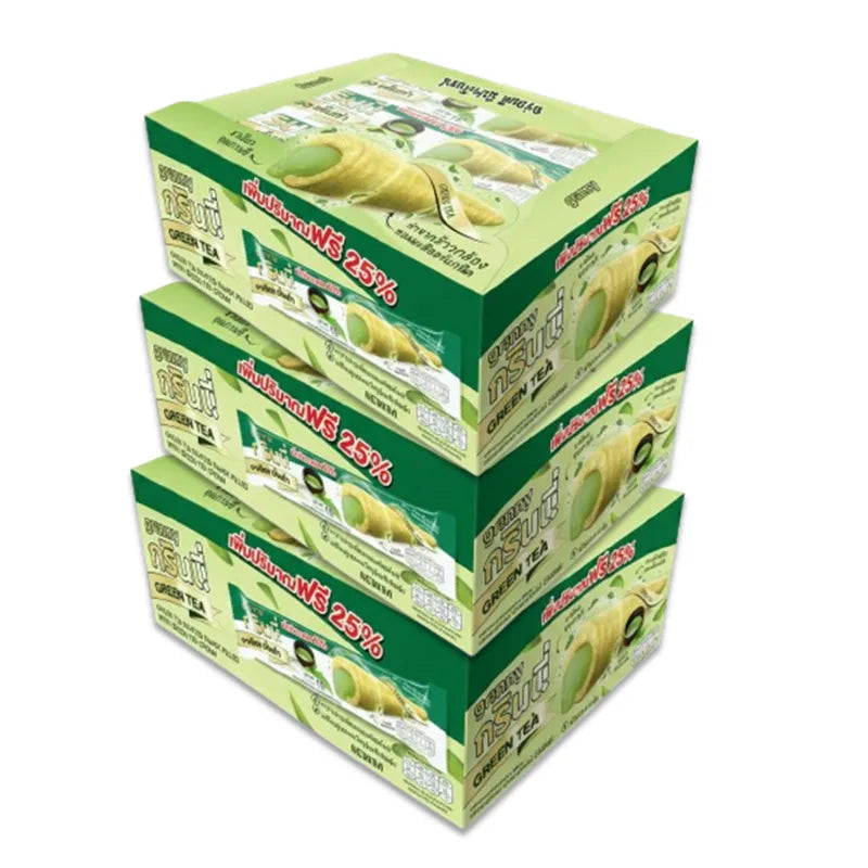 GRINNY GREEN TEA COATED SNACK FILLED WITH GREEN TEA CREAM . (BOX