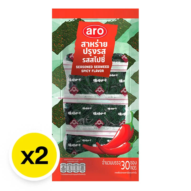 A package of ARO Spicy Seasoned Seaweed Sachets, showing 30 individual seaweed snack sachets for spicy flavor.