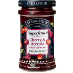 St. Dalfour Superfruits Cherry & Acerola jar showing vibrant fruit blend label and fresh fruit images on the packaging.