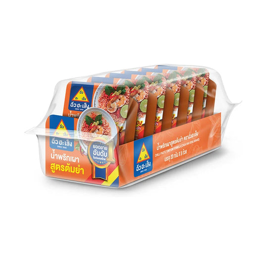 Chau Hah Seng Chili Paste Tomyum flavor 20g sachets, showing six packages with vibrant red chili and herbs for spicy Tomyum taste.
