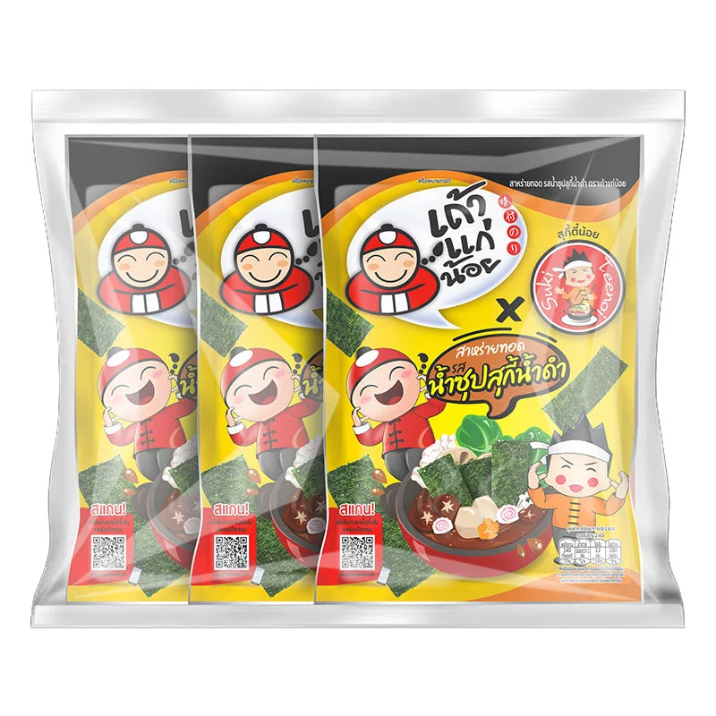 TAOKAENOI fried seaweed sukiyaki soup mix in three 20g packages, featuring crispy seaweed pieces and savory broth ingredients.