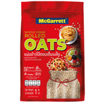 Bag of McGarrett Rolled Oats in a grocery setting, showing the product label and packaging.