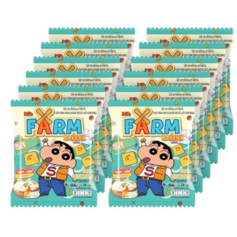 JOTO FARM Sour Cream Onion Shinchan face biscuits, 20g pack, showing cartoon face design on crispy snack packaging.