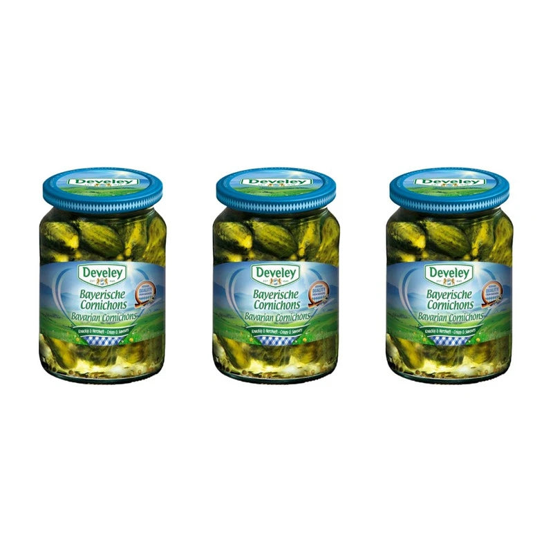 DEVELEY Bavarian Cornichons pickled gherkins in a 330g pack, showing small, crunchy pickled cucumbers in glass jars.