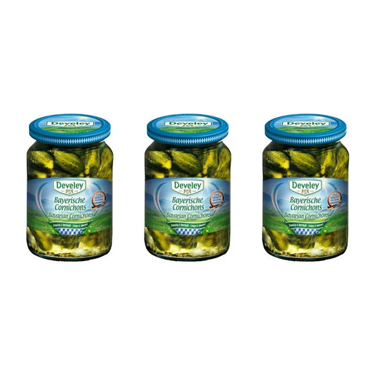 DEVELEY Bavarian Cornichons pickled gherkins in a 330g pack, showing small, crunchy pickled cucumbers in glass jars.