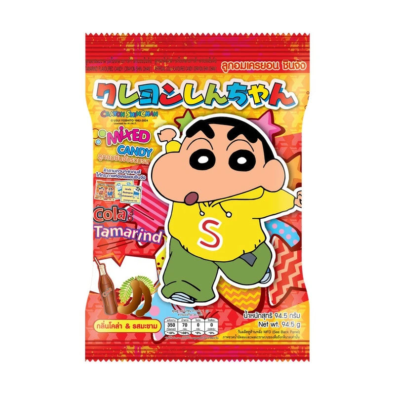 SHINCHAN Candy Mixed Flavor Cola Tamarind 94.5g, assorted candies with colorful wrappers, showcasing the fun packaging.