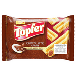 Frontier Topfer chocolate cream-filled wafer stick, a crunchy confectionery snack with creamy chocolate filling, on a plain background.