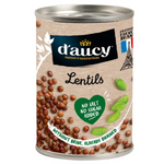 Canned Daucy Lentils in water, ready to use, with a label showing the product name and brand, on a white background.