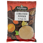 Alpine Coriander Powder 500g in a clear plastic container, used as a dry grocery spice for cooking and flavoring dishes.