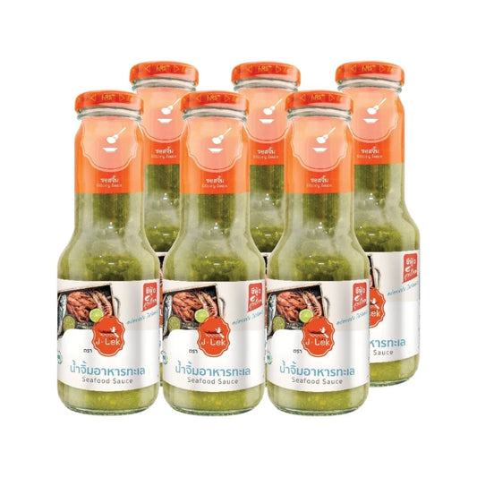 J-Lek seafood dipping sauce in glass bottles, 345g each, shown in a pack of six, ready to enhance seafood dishes.