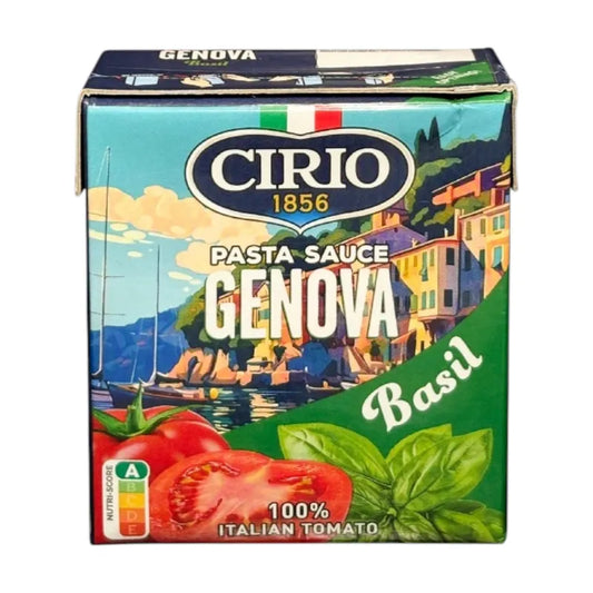 Cirio pasta sauce with basil, showcasing a jar of Cirio Spaghetti Sauce in a 5-flavor variety, with fresh basil leaves and pasta.