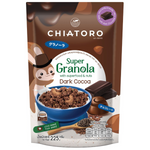 Chiatoro Super Granola with Dark Cocoa in a resealable bag, showcasing crunchy granola clusters and dark chocolate flavor.