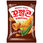 Lotte Corn Snack grilled corn, a crunchy confectionery snack with a golden-brown appearance and textured surface.