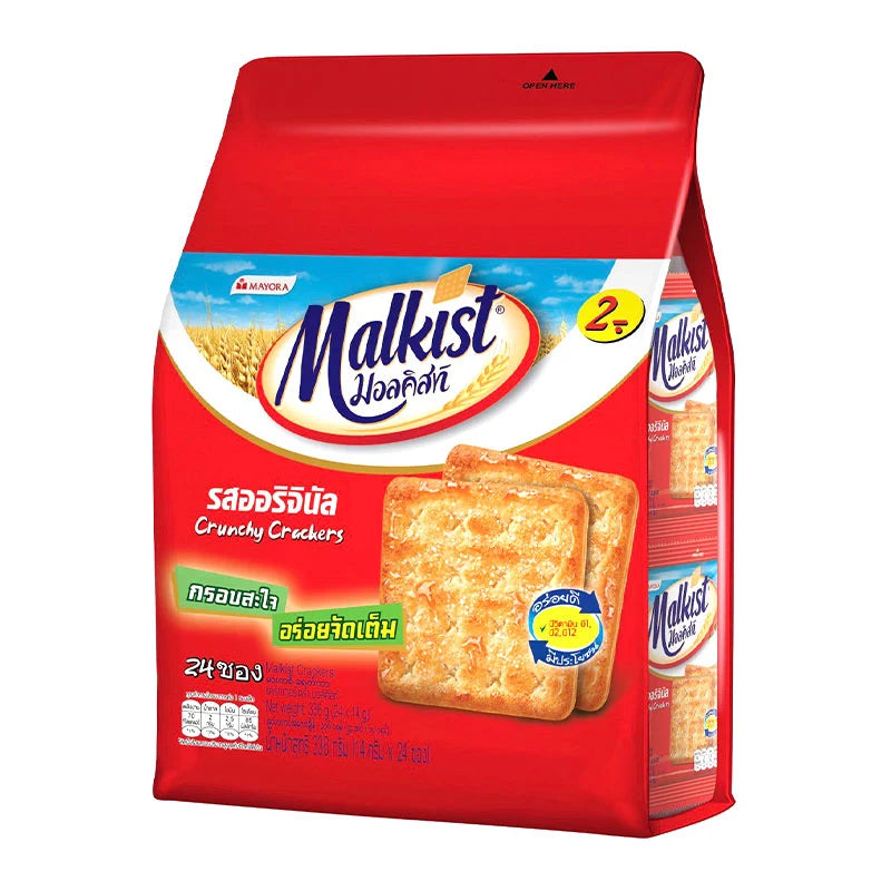 MALKIST Cracker 14g package with 24 crackers, showing crispy, golden-brown snack biscuits in a clear view.