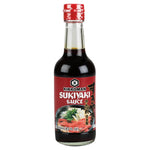 Kikkoman Sukiyaki Sauce bottle for Japanese cooking, featuring label and cap, on a neutral background.