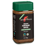 Mount Hagen Decaffeinated Organic Fairtrade coffee drink in a cup, featuring rich coffee color and branding on the packaging.