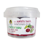 Mae Pranom Tar Daeng chili paste jar, traditional Thai grocery product with vibrant red chili paste visible inside.