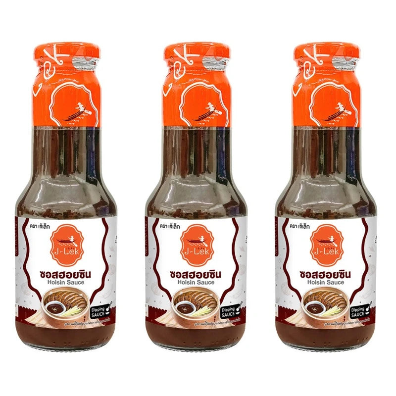 J-Lek Hoisin Sauce bottles in a 3-pack, 400g each, showcasing the dark, thick sauce in clear glass bottles with labels.