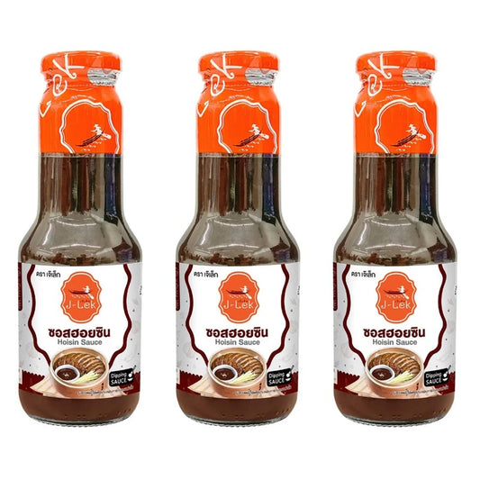 J-Lek Hoisin Sauce bottles in a 3-pack, 400g each, showcasing the dark, thick sauce in clear glass bottles with labels.