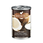 Coconut milk in a carton from Merito, organic grocery product with a green label, ready for cooking or baking.