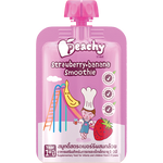 Peachy brand healthy strawberry and banana smoothie in a clear glass, topped with fresh fruit slices and served cold.