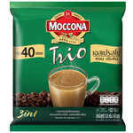 Moccona Trio Espresso drink in a glass with coffee beans, showcasing rich coffee layers and frothy crema on top.