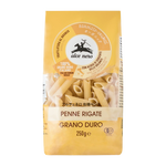 Organic Alce Nero Penne pasta in a clear package, ready for cooking, showcasing traditional Italian grocery style.