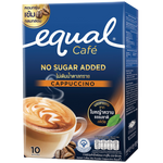 Equal Cappuccino instant coffee mix powder in a glass with frothy top, ready to drink, showcasing the beverage's rich, creamy appearance.
