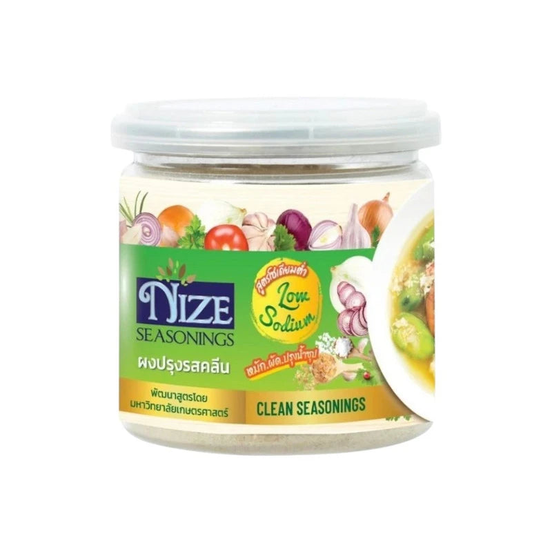NIZE Clean Seasoning Powder Low Sodium in a clear container, showing the finely ground seasoning with a light brown color.