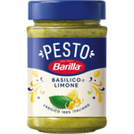 Barilla Pesto Basilico Limone jar showing green basil pesto with lemon, labeled as Italian grocery product with brand logo.