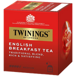 Twining's English Breakfast tea in a clear glass cup, showcasing the brewed dark tea with a tea bag tag hanging on the side.