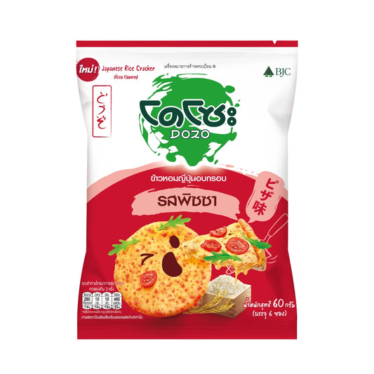 Japanese rice cracker with pizza flavor from DOZO, showing crispy snack pieces in a 60g package.