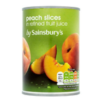 Sainsbury's peach slices in fruit juice, canned fruit in syrup, with peach pieces visible in transparent can