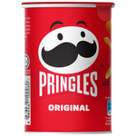 Crispy Pringles snack chips from Pringles, showing a stack of classic flavored potato crisps in a colorful container.